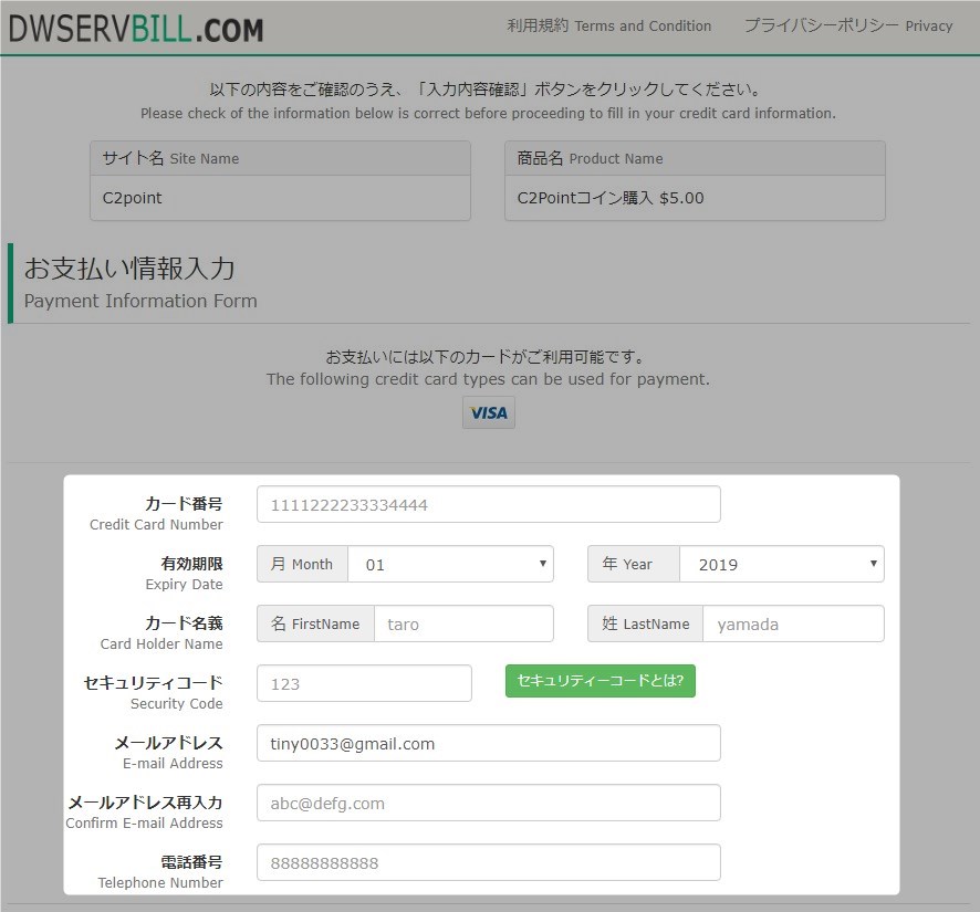 C2ポイントクレジット決済画面